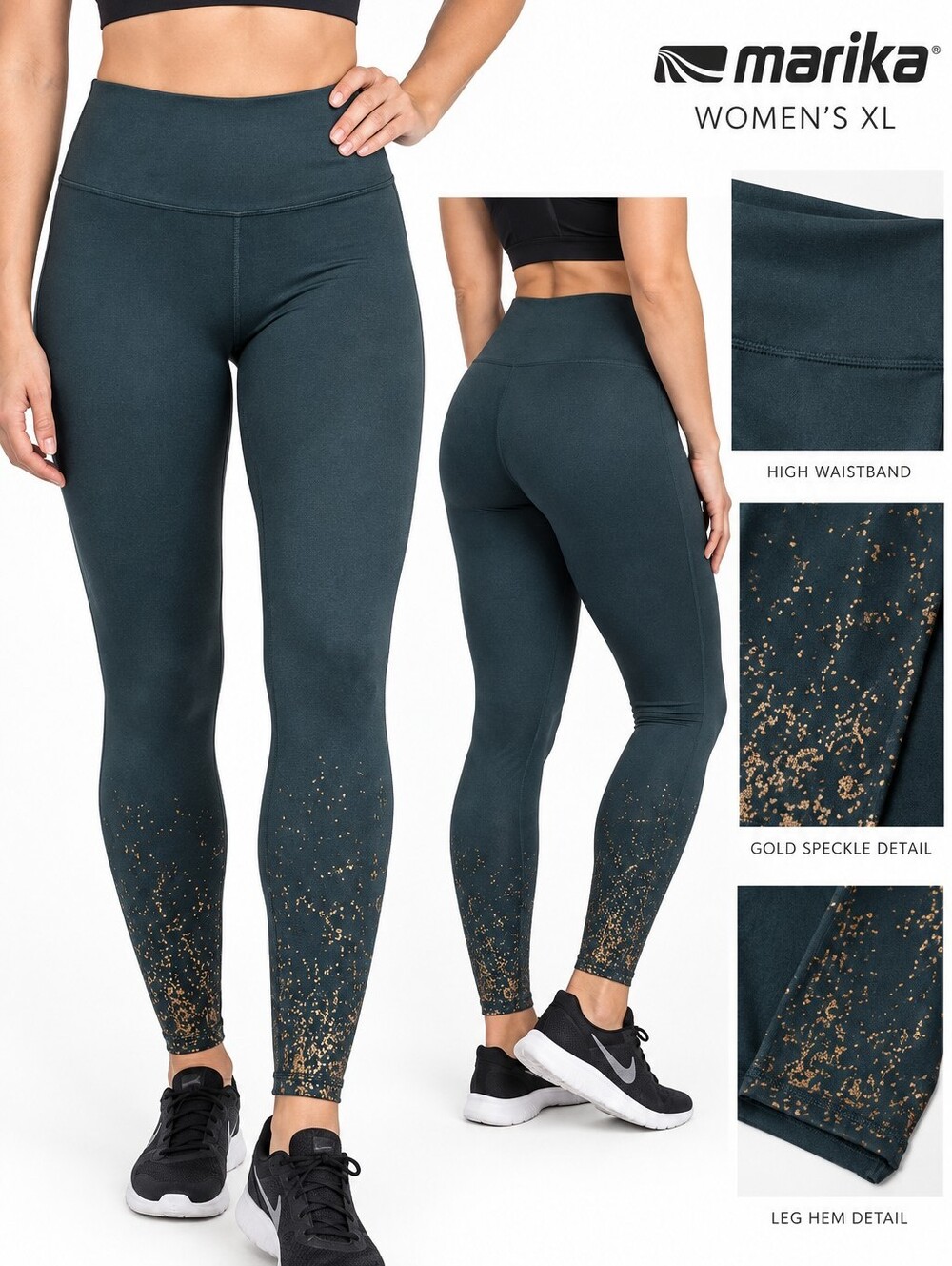 Marika Dark Turquoise Leggings with Gold Speckle Accents. Women XL